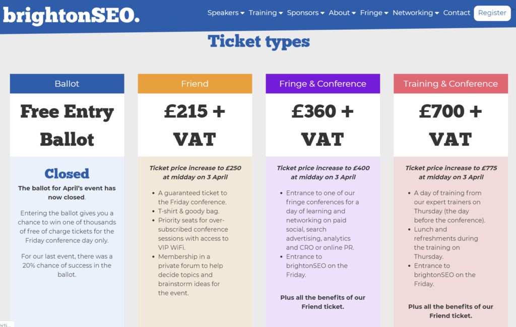 BrightonSEO event tickets pricing
