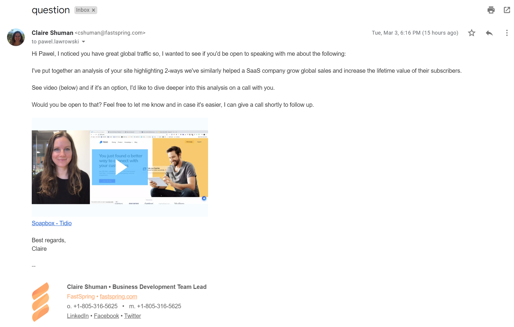email outreach example fastspring
