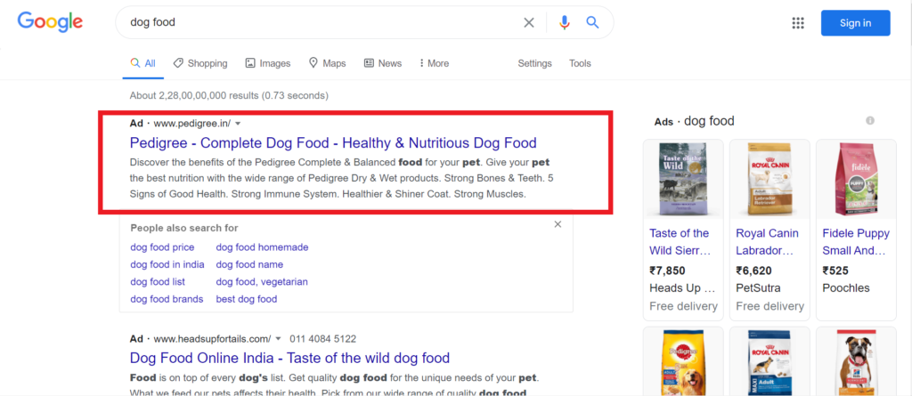 dog food google search results highlighted first result