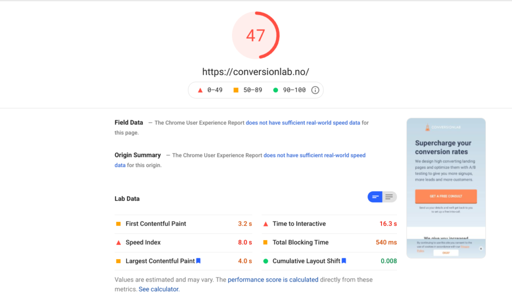 Conversion Lab google pagespeed insights score