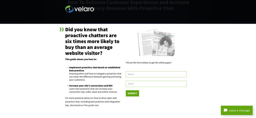 Velaro landing page optimized for search engines