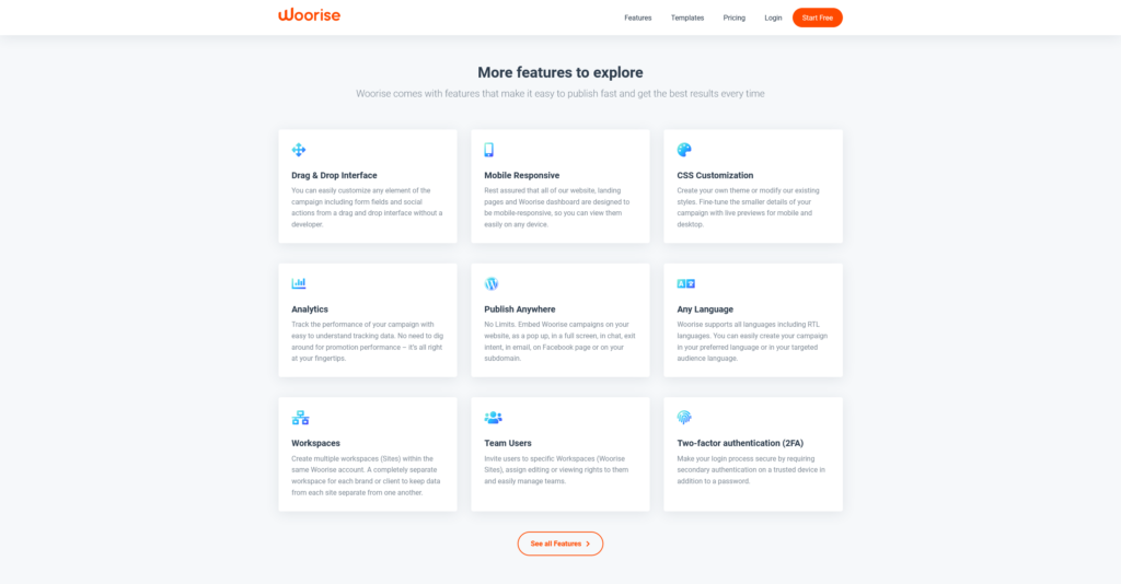 woorise landing page features