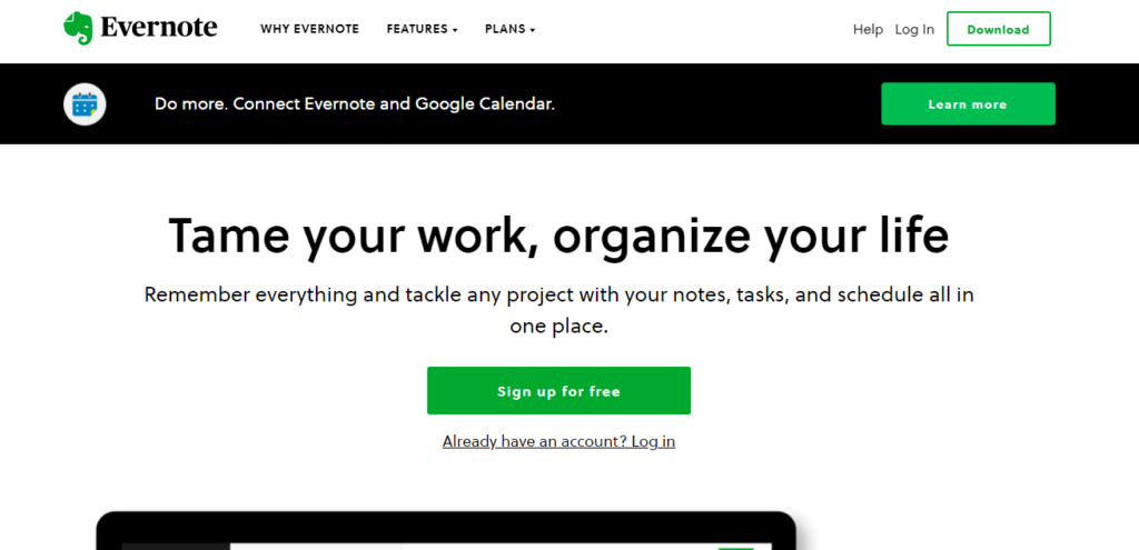 Evernote optimized homepage example