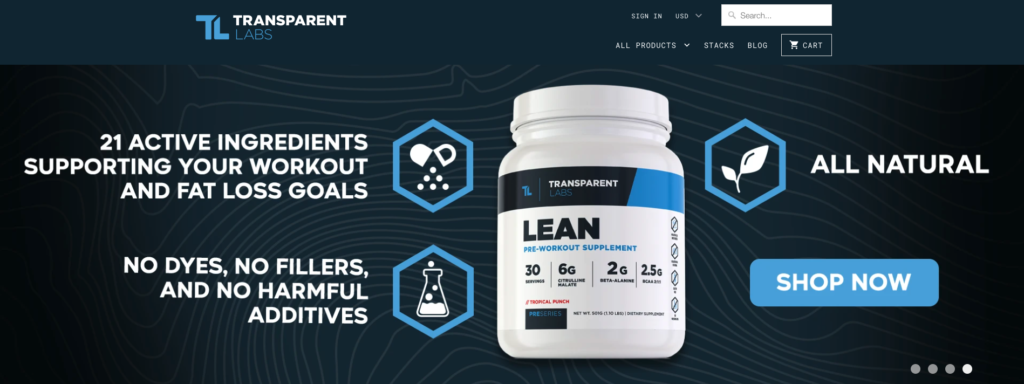 Transparent Labs homepage example of advertised product takes center stage while being surrounded with illustrations of its benefits