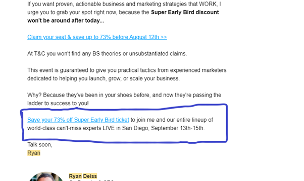 email where Ryan Deiss CEO at DigitalMarketer adds a CTA inviting you to a live webinar