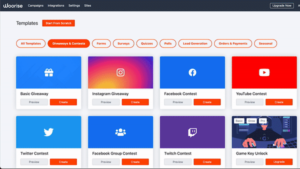 Woorise dashboard giveaway templates preview