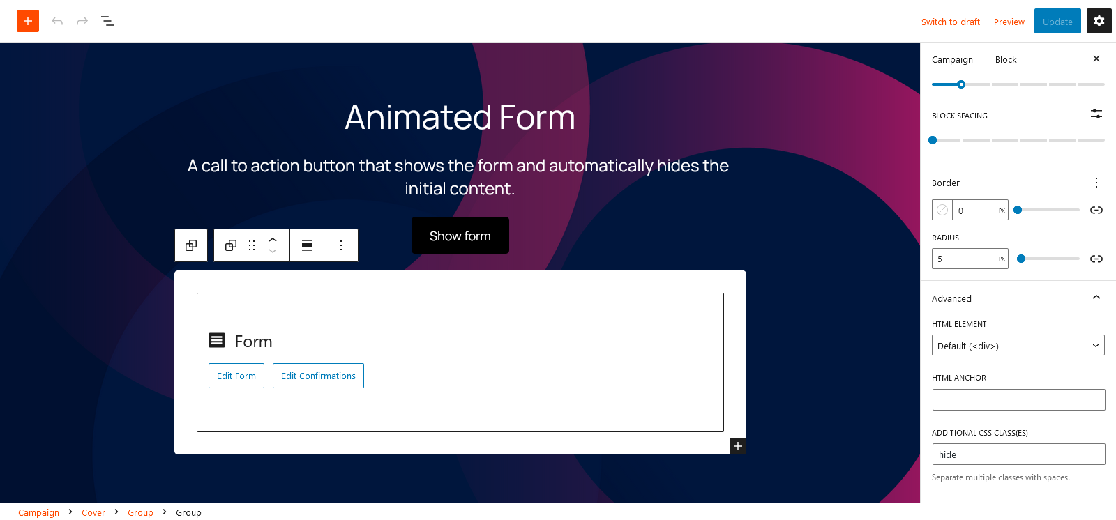 animated form layout hide content